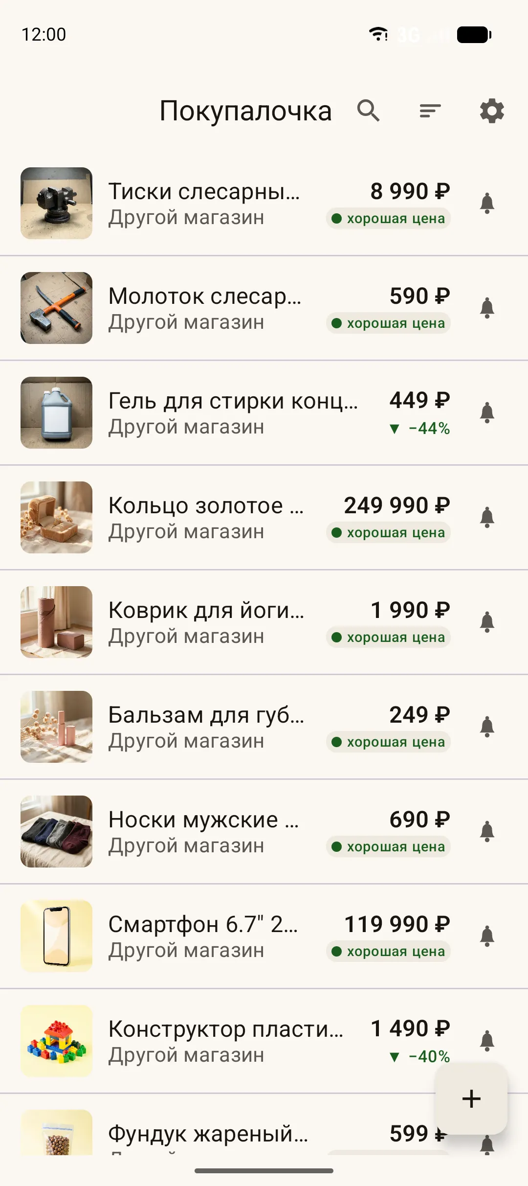 Список отслеживаемых товаров с ценами